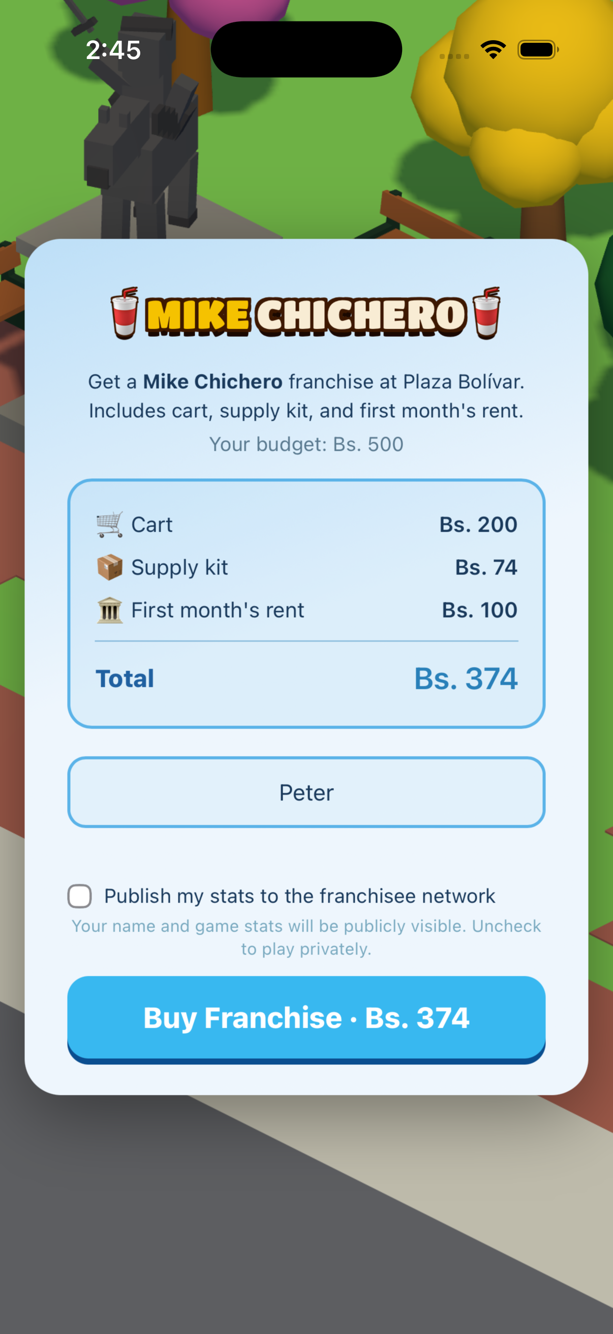 Buy Franchise screen